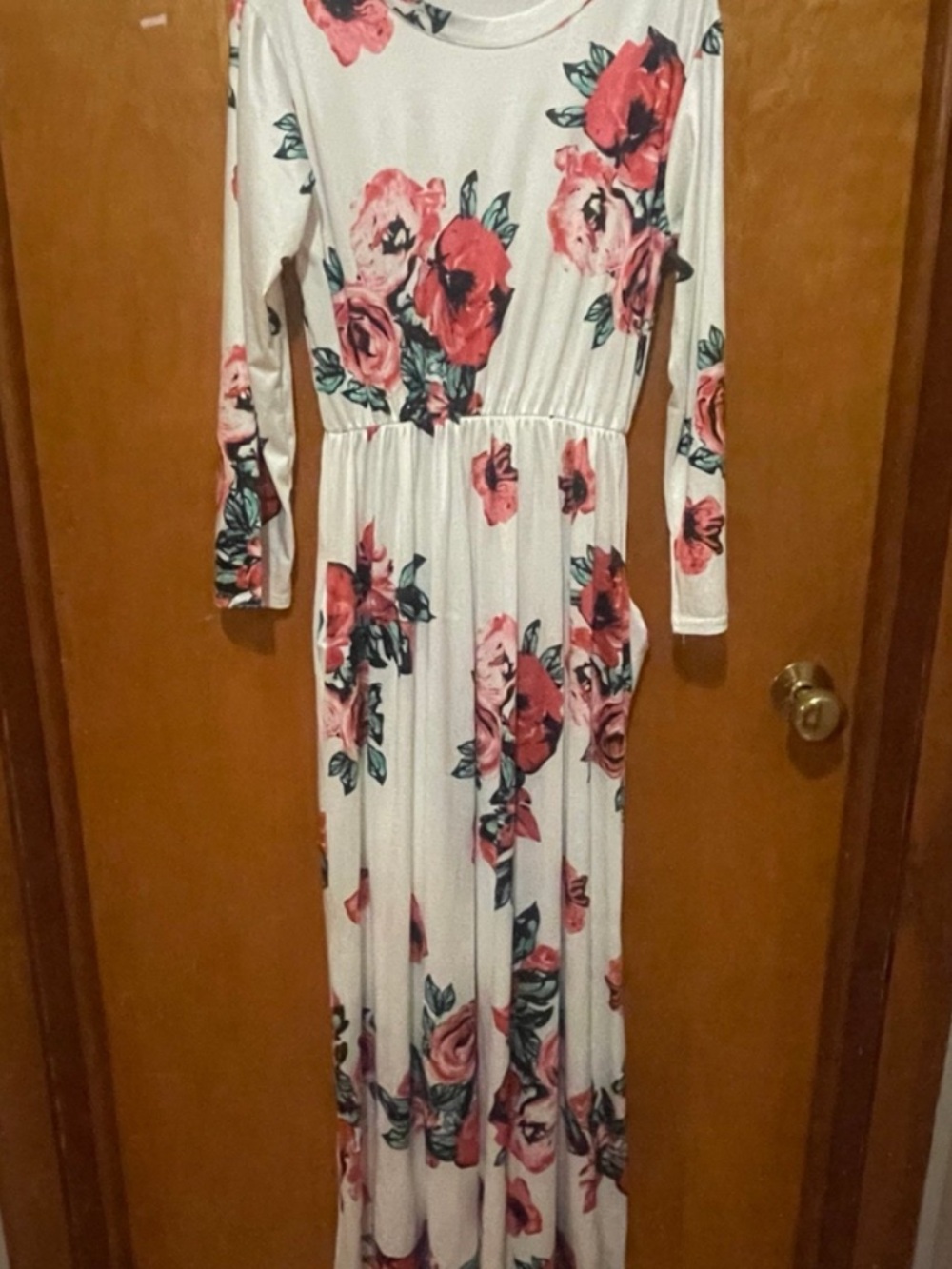 White Maxi Dress with Pink Rose Print and Long Sleeves